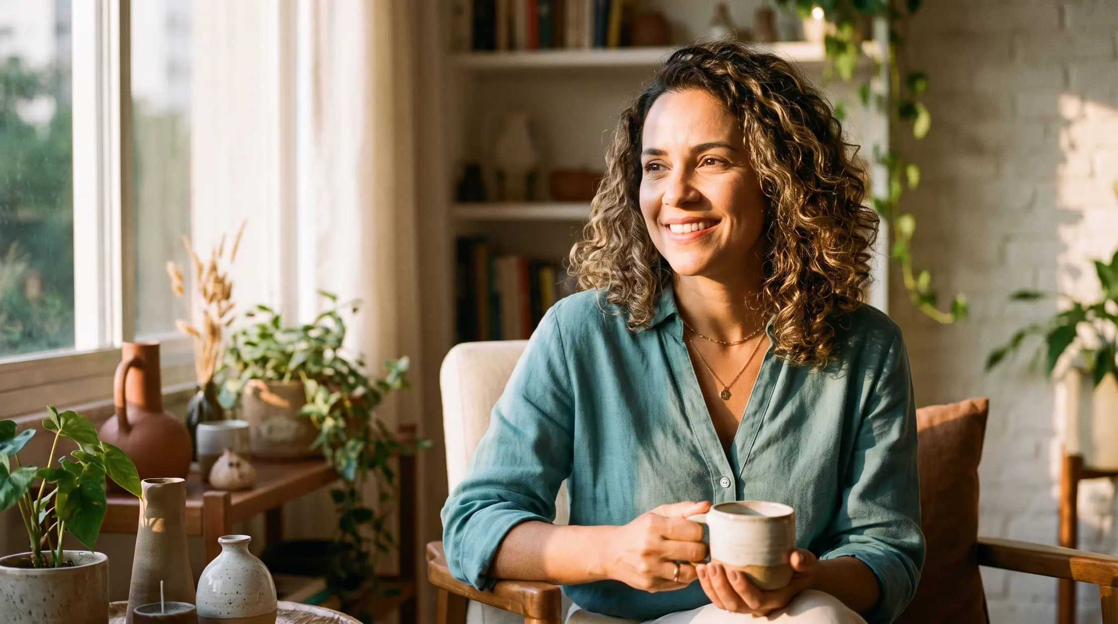 Dona de clínica de estética tomando café pela manhã